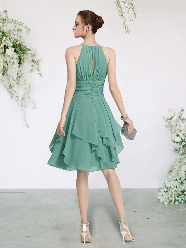 Luolandi A-Line Bridesmaid Dress Jewel Neck Sleeveless Elegant Short / Mini Chiffon with Pleats / Cascading
